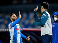 Lorenzo Insigne of SSC Napoli celebrates scoring first goal with Eljif Elmas during the Serie A match between SSC Napoli and AS Roma at Stad...