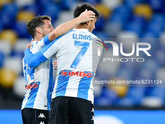 Dries Mertens of SSC Napoli celebrates with Eljif Elmas of SSC Napoli  after scoring third goal during the Serie A match between SSC Napoli...