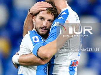 Dries Mertens of SSC Napoli celebrates with Fabian Ruiz of SSC Napoli after scoring third goal during the Serie A match between SSC Napoli a...