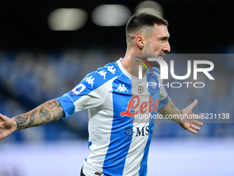 Matteo Politano of SSC Napoli celebrates scoring fourth goal during the Serie A match between SSC Napoli and AS Roma at Stadio San Paolo, Na...