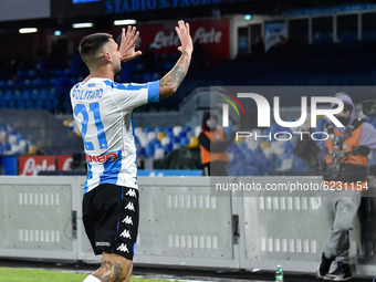 Matteo Politano of SSC Napoli celebrates and dedicates  his fourth goal to Diego Armando Maradona during the Serie A match between SSC Napol...