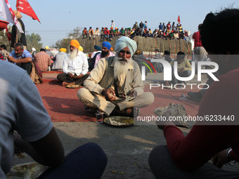 Farmers have meals in a 'Langar', on the occasion of the 551st birth anniversary of Guru Nanak Dev, during a protest against the Centre's ne...