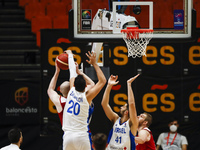 20 Ida Zalmanson of Israel blocking 77 Damian Kulig of Poland during the FIBA EuroBasket 2022 Qualifiers match of group A between Israel and...