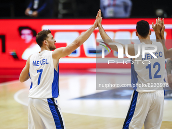 07 Gal Mekel of Israel and 12 Rafael Menco of Israel celebrating the victory of Israel during the FIBA EuroBasket 2022 Qualifiers match of g...
