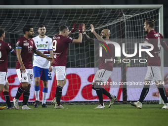 Torino forward Andrea Belotti (9) celebrates with his teammates after scoring his goal to make it 1-0 during the Serie A football match n.9...