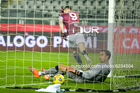 Andrea Belotti of Torino FC  celebrates and Emil Audero of UC Sampdoria disappointment during the Serie A match between Torino FC and UC Sam...