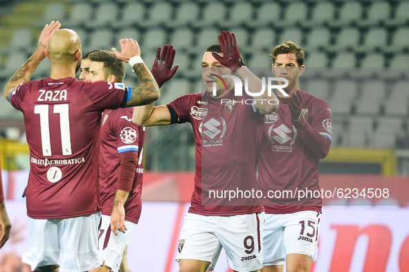 Andrea Belotti of Torino FC  celebrates with his team mates during the Serie A match between Torino FC and UC Sampdoria at Stadio Olimpico G...