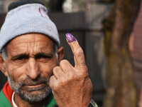 A voter showing ink marked finger after casting his vote during the second phase of District Development Council (DDC) election in north Kas...