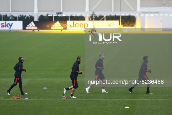 From left: Arthur, Leonardo Bonucci, Matthijs De Ligt and Juan Cuadrado of Juventus FC Juventus players during the training on the eve of th...