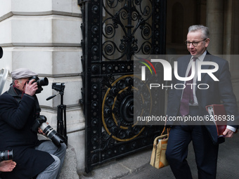 Chancellor of the Duchy of Lancaster Michael Gove leaves Downing Street in central London after attending weekly Cabinet meeting held at the...