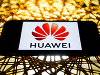 Huawei logo is seen displayed on a phone screen in this illustration photo taken in Poland on November 30, 2020. (