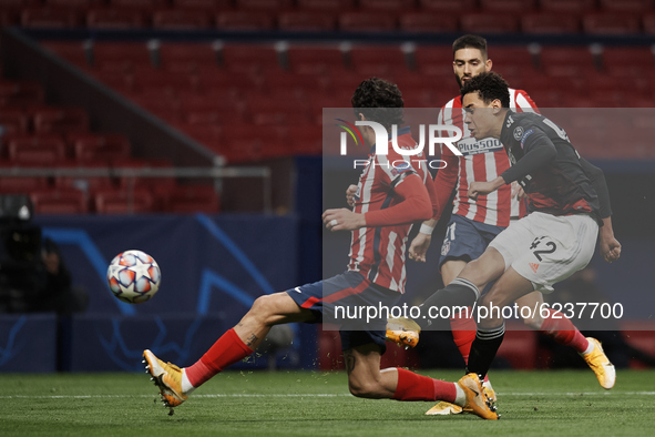 Jamal Musiala of Bayern shooting to goal during the UEFA Champions League Group A stage match between Atletico Madrid and FC Bayern Muenchen...