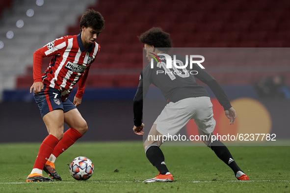 Joao Felix of Atletico Madrid and Leroy Sane of Bayern compete for the ball during the UEFA Champions League Group A stage match between Atl...