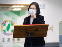 Taiwan's President Tsai Ing-wen wears face mask during a press conference, in Taipei City, Taiwan, on December 2, 2020 addressing issues ove...