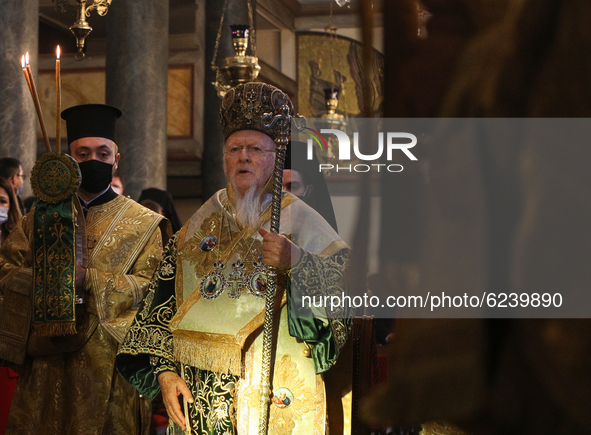 Current archbishop of Constantinople and ecumenical patriarch Bartholomew I of Constantinople serves the service at the principal Eastern Or...