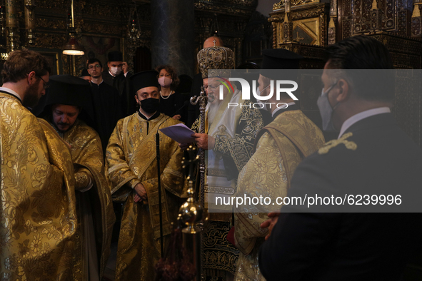 Current archbishop of Constantinople and ecumenical patriarch Bartholomew I of Constantinople serves the service at the principal Eastern Or...