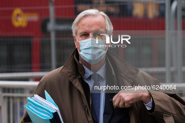 The European Union's Brexit negotiator Michel Barnier walks through central London after attending the ongoing talks on the future partnersh...