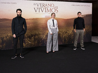(L-R) Actors Javier Rey, Blanca Suarez and Pablo Molinero attend `El Verano Que Vivimos' photocall at the Four Seasons Hotel on December 03,...