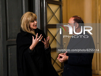 Bruno Vespa and Milly Carlucci during the presentation of the premiere of the Teatro alla Scala in Milan, this year recorded and behind clos...