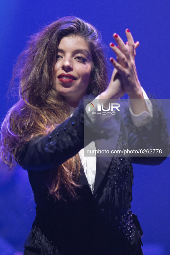 Spanish flamenco singer Soleá Morente performs on stage during the Suma Flamenca festival at Teatros del Canal on December 10, 2020 in Madri...
