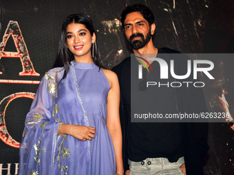Digangana Suryavanshi (L) with Arjun Rampal (R) during teaser launch of film 