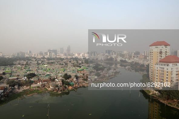 A top view of Korail slum in Dhaka Bangladesh on December 21, 2020.  
