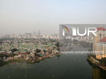 A top view of Korail slum in Dhaka Bangladesh on December 21, 2020.  (