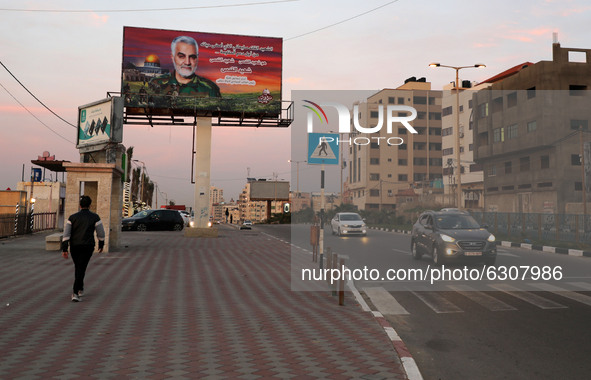 A large portrait of Iranian military commander General Qassem Soleimani, who was killed in a U.S. attack in Iraq, is seen in Gaza City Decem...