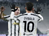 Paulo Dybala of Juventus celebrates with Dejan Kulusevski after scoring their team's fourth goal during the Serie A match between Juventus a...