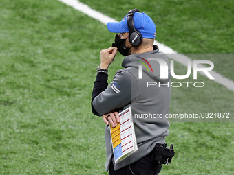 Detroit Lions head coach Darrell Bevell looks on from the sidelines during the second half of an NFL football game between the Detroit Lions...