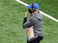 Detroit Lions head coach Darrell Bevell looks on from the sidelines during the second half of an NFL football game between the Detroit Lions...