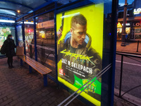 City light poster advertising video game Cyberpunk 2077 is seen in Krakow, Poland on January 2nd, 2021. A worldwide premiere of the game dev...