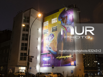 A large mural with an advertisement for the much anticipated Cyberpunk 2077 game by CD Projekt Red is seen in Warsaw, Poland on January 5, 2...