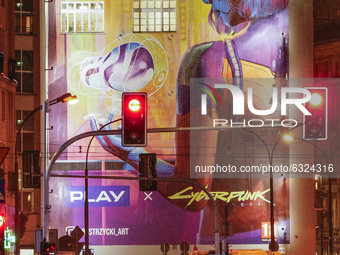 A large mural with an advertisement for the much anticipated Cyberpunk 2077 game by CD Projekt Red is seen in Warsaw, Poland on January 5, 2...