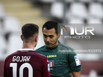 Referee Marco Di Bello talks with Torino midfielder Amer Gojak (10) during the Serie A football match n.16 TORINO - HELLAS VERONA on January...