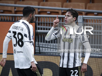 Juventus midfielder Federico Chiesa (22) celebrates with Juventus defender Gianluca Frabotta (38) after scoring his goal to make it 0-1 duri...