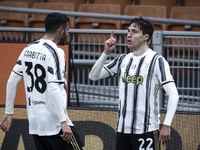 Juventus midfielder Federico Chiesa (22) celebrates with Juventus defender Gianluca Frabotta (38) after scoring his goal to make it 0-1 duri...