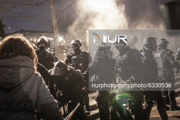 Clashes between riot police and Trump supporters near the U.S. Capitol on January 06, 2021 in Washington, DC. The protesters stormed the his...