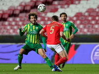Jan Vertonghen of SL Benfica (C ) vies with Joao Pedro of CD Tondela (L) during the Portuguese League football match between SL Benfica and...