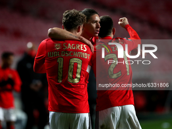 Luca Waldschmidt of SL Benfica (L) celebrates with teammates after scoring during the Portuguese League football match between SL Benfica an...