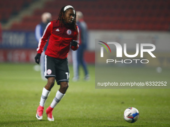  Tariq Uwakwe of Accrington Stanley (on loan from Chelsea) during the pre-match warm-up  during Sky Bet League One between Charlton Athletic...