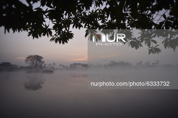 View of Taudaha Wetland Lake in a misty morning over at Kirtipur, Kathmandu, Nepal on Saturday, January 09, 2020. Taudaha is one of the bigg...