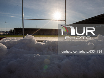   A general shot of the snow and pitch before the Gallagher Premiership match between Newcastle Falcons and Gloucester Rugby at Kingston Par...