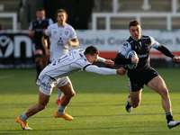  Adam Radwan of Newcastle Falcons beats Jonny May to score  during the Gallagher Premiership match between Newcastle Falcons and Gloucester...