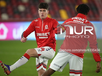  Hayden Hackney of Middlesbrough warms up during the FA Cup match between Brentford and Middlesbrough at the Brentford Community Stadium, Br...