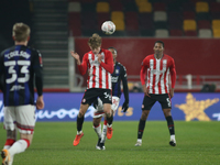  Mads Roerslev of Brentford heads the ball during the FA Cup match between Brentford and Middlesbrough at the Brentford Community Stadium, B...