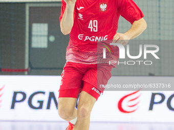 Piotr Chrapkowski of Poland in action during EHF European Men's Handball Championship Qualification match between Poland and Turkey in Plock...