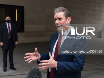 Labour Party Leader Sir Keir Starmer speaks to the media outside the BBC Broadcasting House in central London after appearing on The Andrew...