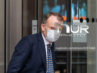 Andrew Marr leaves the BBC Broadcasting House in central London after presenting The Andrew Marr Show, on 10 January 2021 in London, England...
