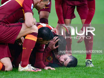 Gianluca Mancini of AS Roma celebrates after scoring second goal  during the Serie A match between AS Roma and FC Internazionale at Stadio O...